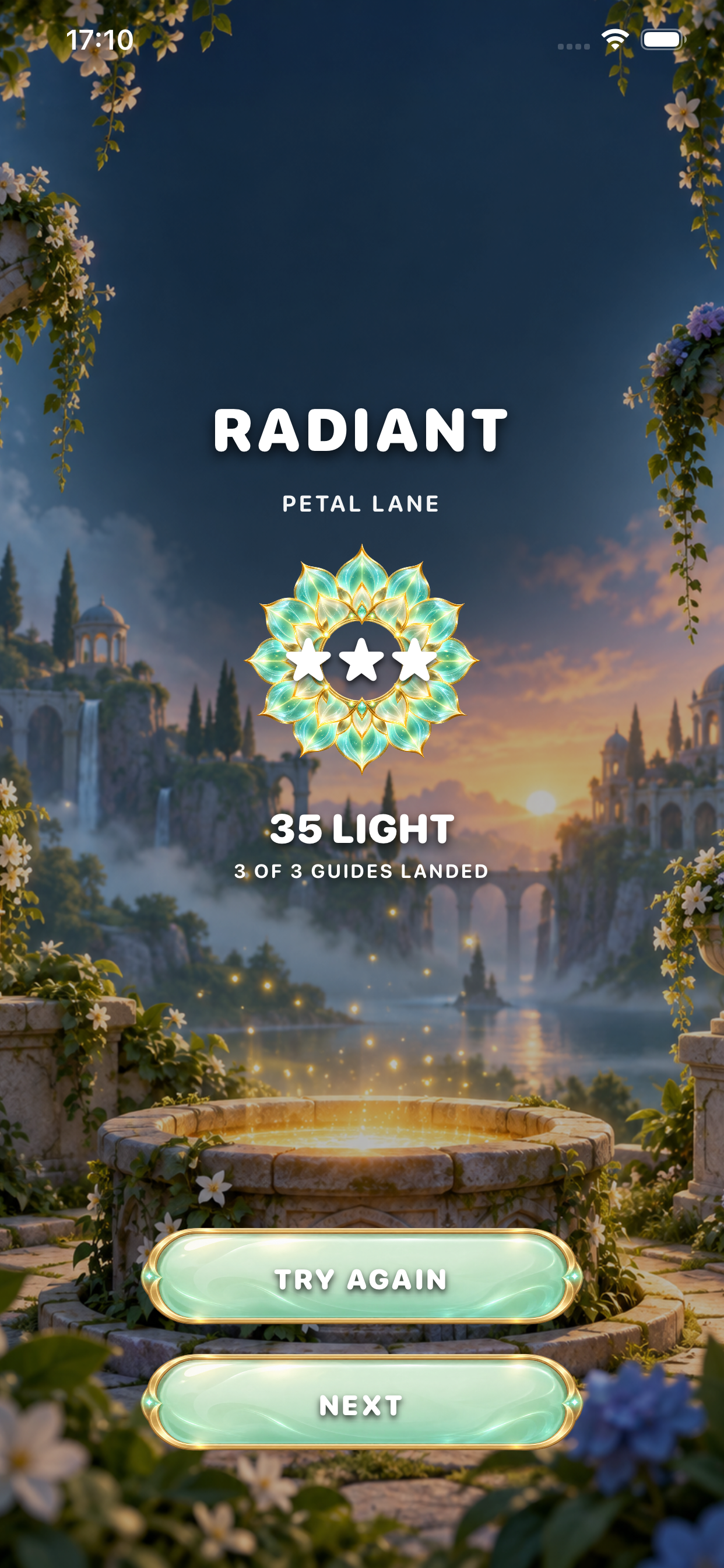 Glowbound result screen celebrating a successful Petal Lane run.